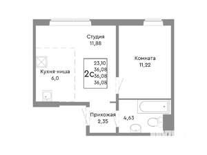 2-к квартира, строящийся дом, 36м2, 2/10 этаж