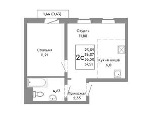 2-к квартира, строящийся дом, 37м2, 7/10 этаж