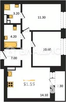 2-к квартира, строящийся дом, 52м2, 4/18 этаж