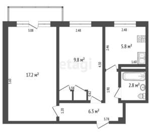 2-к квартира, вторичка, 42м2, 5/5 этаж