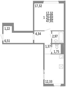 1-к квартира, строящийся дом, 48м2, 1/10 этаж