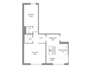 3-к квартира, строящийся дом, 62м2, 2/10 этаж