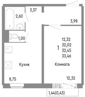 1-к квартира, строящийся дом, 32м2, 9/10 этаж