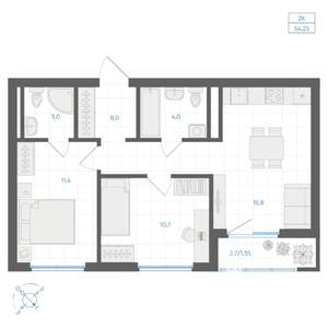 2-к квартира, вторичка, 54м2, 6/11 этаж