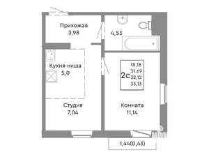 2-к квартира, строящийся дом, 32м2, 3/10 этаж