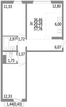 3-к квартира, строящийся дом, 57м2, 10/10 этаж