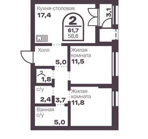 2-к квартира, вторичка, 59м2, 3/8 этаж