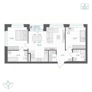 2-к квартира, вторичка, 69м2, 14/30 этаж