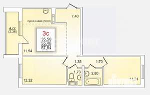 2-к квартира, вторичка, 56м2, 9/10 этаж
