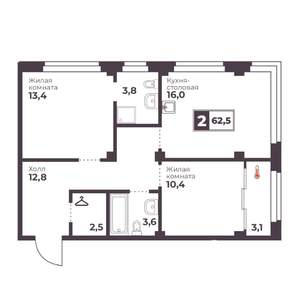 2-к квартира, строящийся дом, 63м2, 5/18 этаж