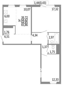3-к квартира, строящийся дом, 65м2, 9/10 этаж