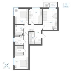 3-к квартира, вторичка, 87м2, 6/9 этаж