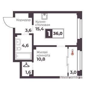 1-к квартира, строящийся дом, 36м2, 8/18 этаж