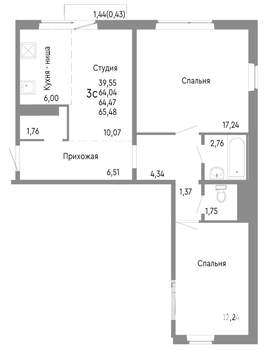 3-к квартира, строящийся дом, 64м2, 6/10 этаж
