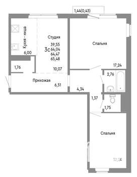 3-к квартира, строящийся дом, 64м2, 3/10 этаж