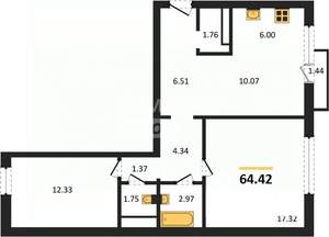 2-к квартира, сданный дом, 64м2, 10/10 этаж