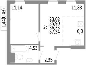 2-к квартира, строящийся дом, 36м2, 8/10 этаж