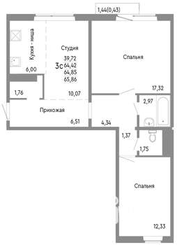 3-к квартира, строящийся дом, 65м2, 7/10 этаж