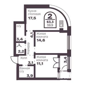 2-к квартира, вторичка, 60м2, 6/24 этаж