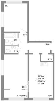 2-к квартира, строящийся дом, 69м2, 16/17 этаж