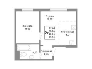 2-к квартира, строящийся дом, 36м2, 1/10 этаж