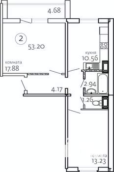 2-к квартира, строящийся дом, 53м2, 7/10 этаж