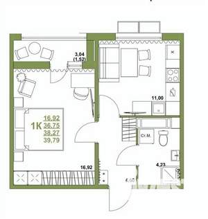 1-к квартира, вторичка, 38м2, 3/12 этаж