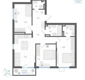 3-к квартира, вторичка, 80м2, 6/18 этаж