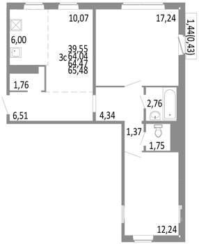 3-к квартира, строящийся дом, 64м2, 9/10 этаж