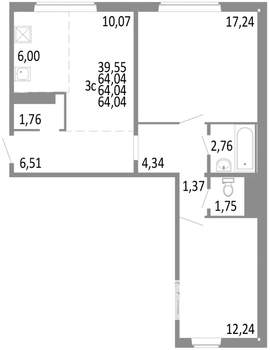 3-к квартира, строящийся дом, 64м2, 2/10 этаж
