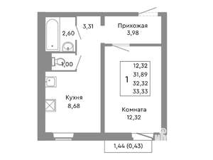 1-к квартира, строящийся дом, 32м2, 3/10 этаж