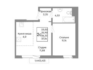 2-к квартира, строящийся дом, 36м2, 5/10 этаж