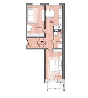 2-к квартира, вторичка, 66м2, 6/13 этаж