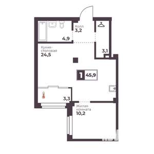 1-к квартира, строящийся дом, 46м2, 2/18 этаж