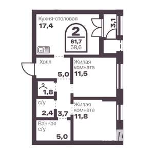 2-к квартира, вторичка, 59м2, 3/24 этаж