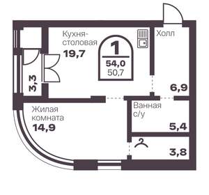 1-к квартира, вторичка, 51м2, 1/8 этаж