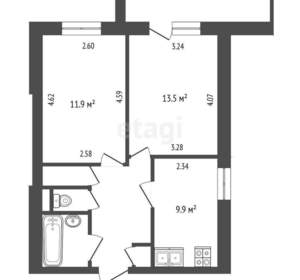2-к квартира, вторичка, 47м2, 3/9 этаж