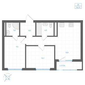 2-к квартира, вторичка, 54м2, 6/11 этаж