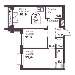 2-к квартира, вторичка, 61м2, 3/24 этаж