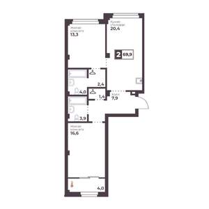 2-к квартира, строящийся дом, 70м2, 2/18 этаж