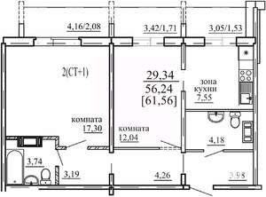 2-к квартира, строящийся дом, 56м2, 1/10 этаж