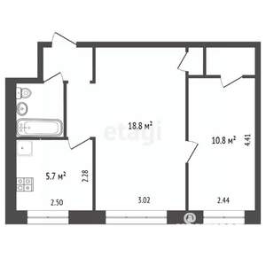 2-к квартира, вторичка, 43м2, 1/4 этаж