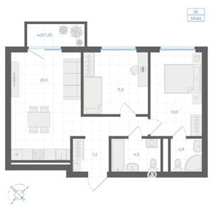 2-к квартира, вторичка, 60м2, 8/11 этаж