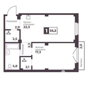 1-к квартира, строящийся дом, 55м2, 9/18 этаж