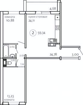 2-к квартира, вторичка, 59м2, 2/10 этаж