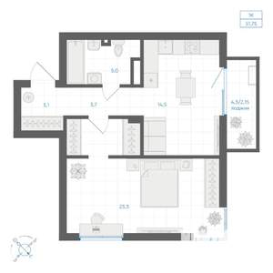 1-к квартира, вторичка, 52м2, 4/9 этаж