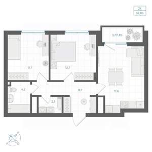 2-к квартира, вторичка, 59м2, 15/18 этаж