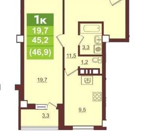 1-к квартира, вторичка, 43м2, 9/9 этаж