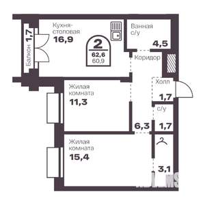 2-к квартира, вторичка, 61м2, 1/24 этаж