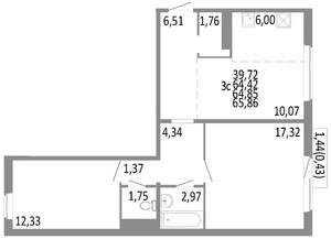 3-к квартира, строящийся дом, 65м2, 9/10 этаж